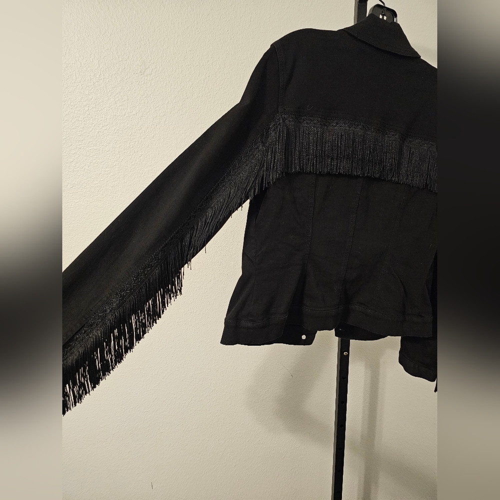 INC Black Denim Fringe Jacket Sz Medium
